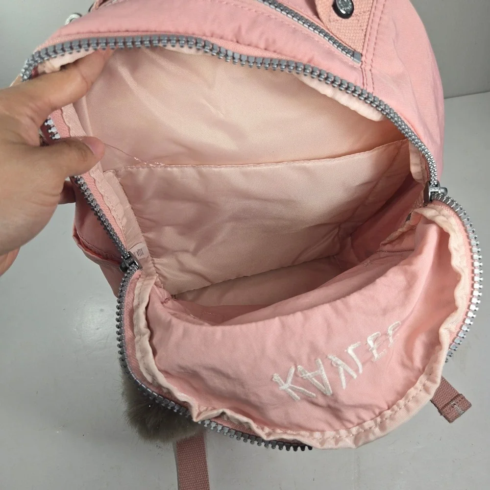 Kipling Pink Nylon Small Backpack Kaylee Embroidery Pom Pom Keychain Bag
